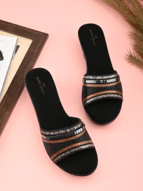 Pelle Albero Black Embossed Slip on Lightweight Comfortable Designer Heel Slipper Sandal For Women