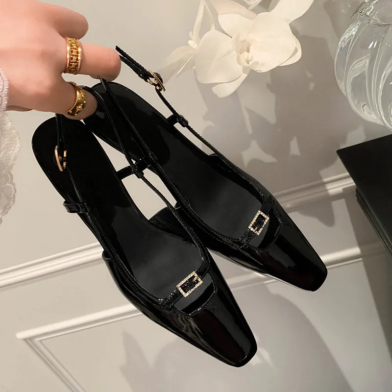 Pointed Toe Kitten Heels Slingback Pumps with Buckled Straps