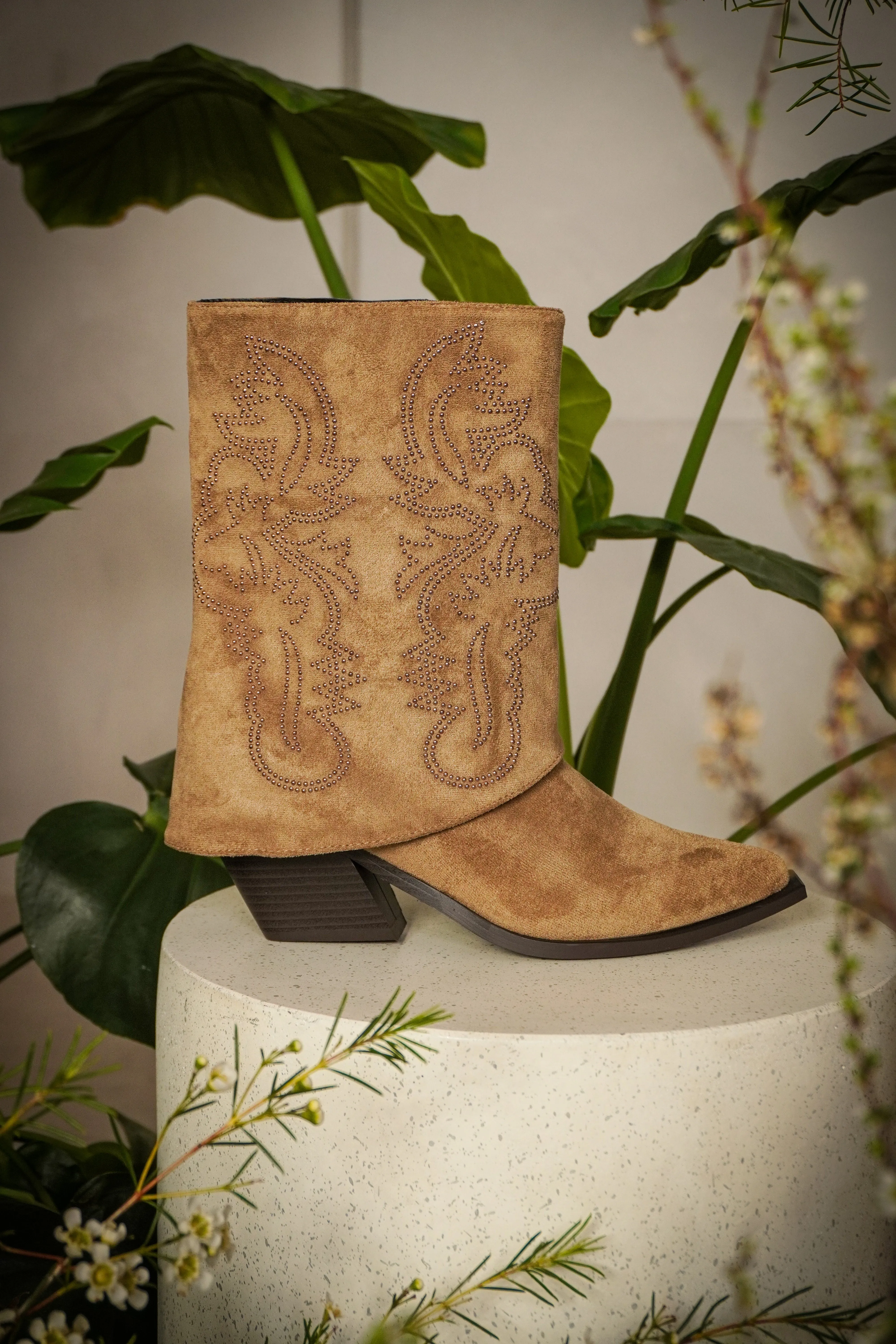 PORTABELLA-TAN FAUX SUEDE WESTERN BOOTIE