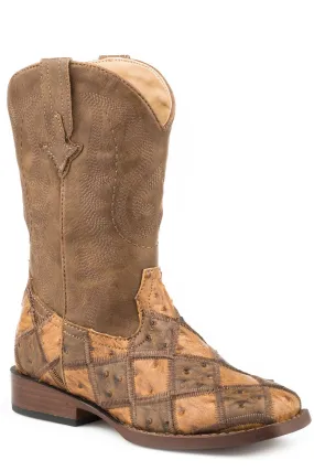 Roper Youth Unisex Bird Blocks Tan Faux Leather Cowboy Boots