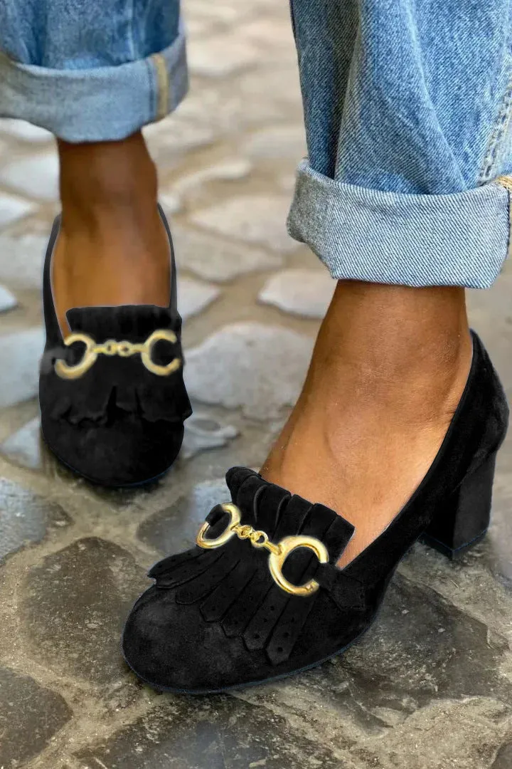 Round Toe Shallow Mouth Suede Elegant Block Heel Loafers