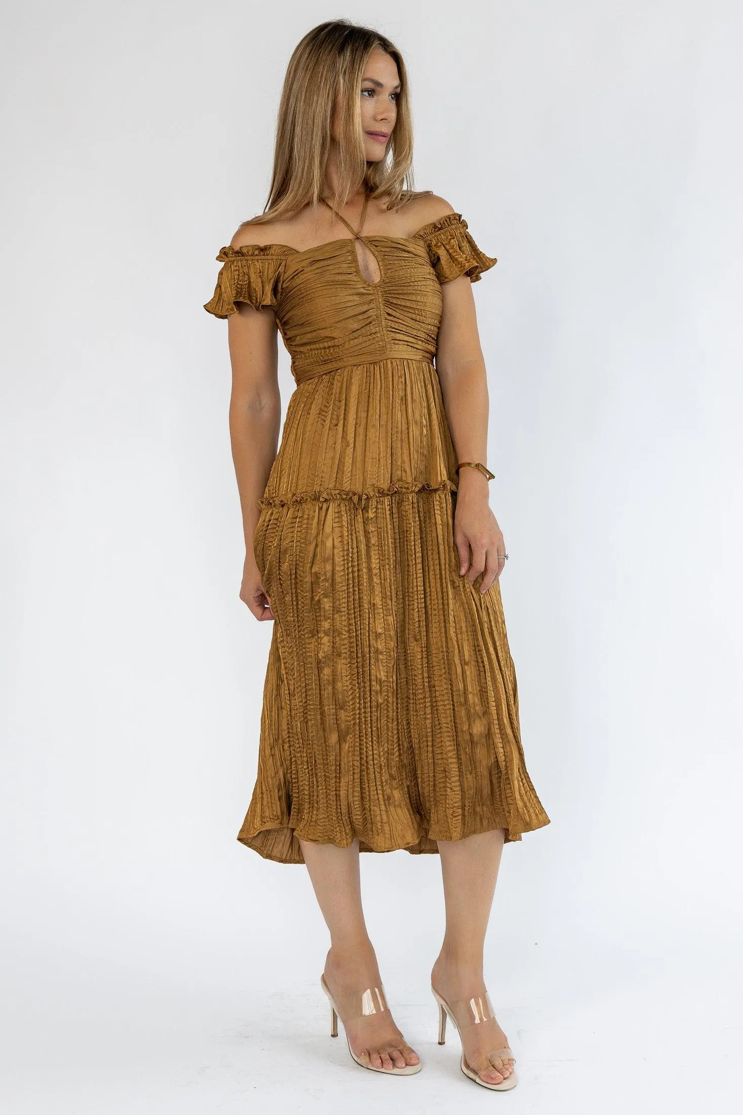 Ruche Me Right Golden Midi Dress - Final Sale