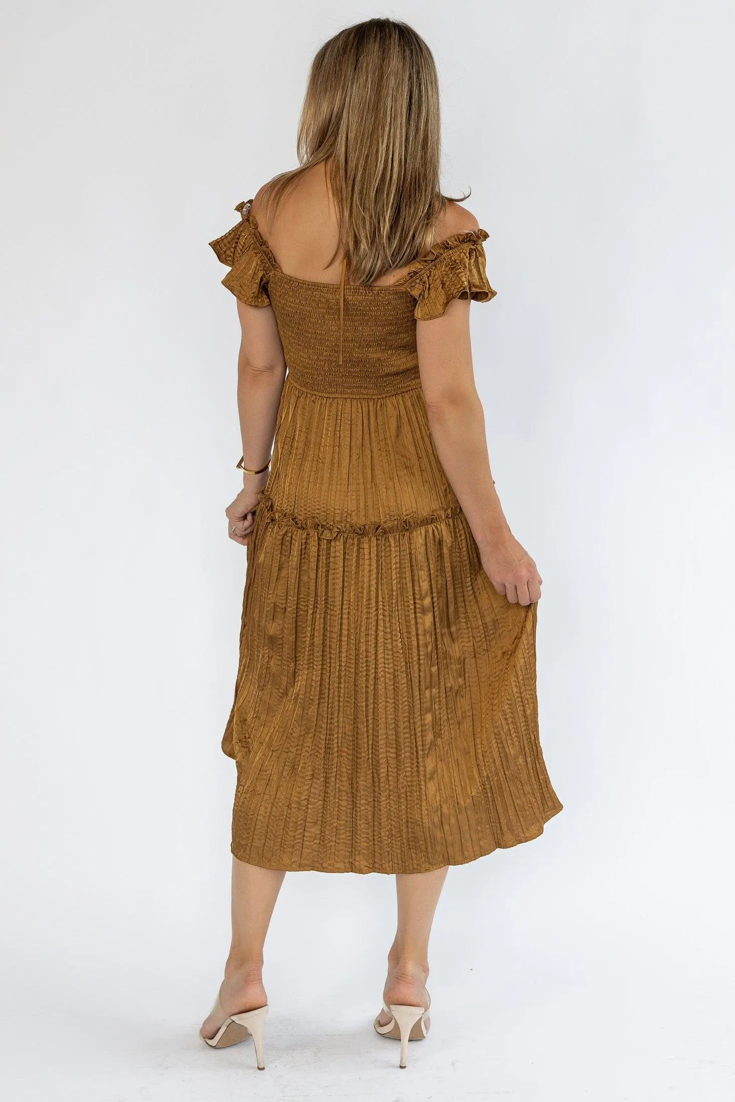 Ruche Me Right Golden Midi Dress - Final Sale