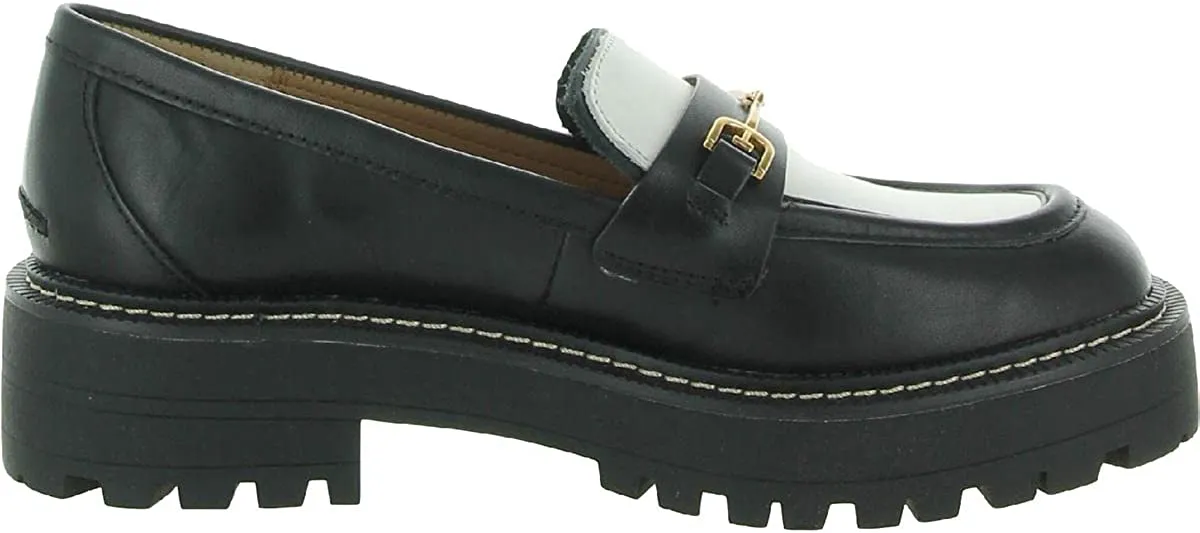 Sam Edelman Laurs Black/White Leather Rounded Toe Slip On Chunky Heel Loafers