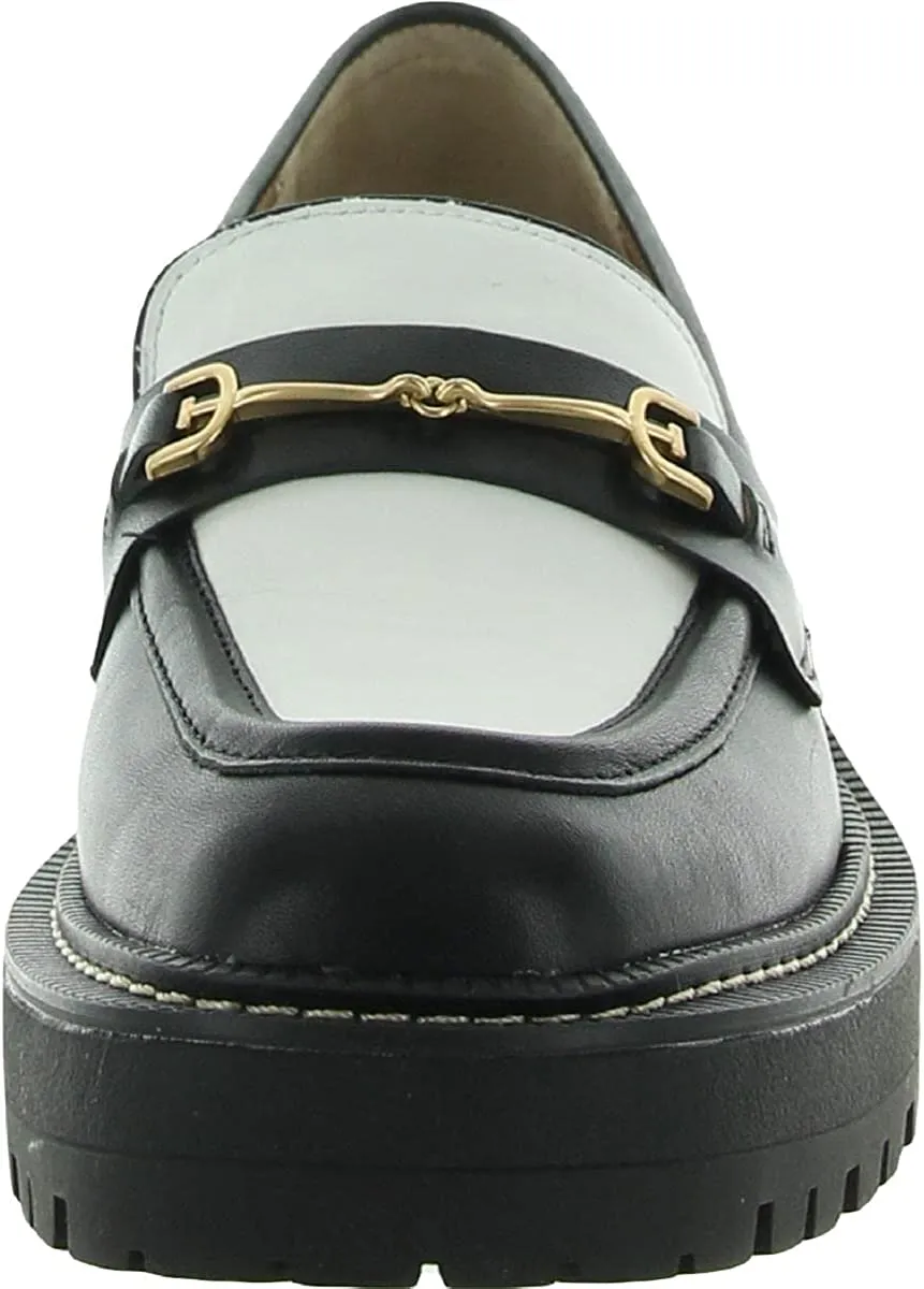Sam Edelman Laurs Black/White Leather Rounded Toe Slip On Chunky Heel Loafers