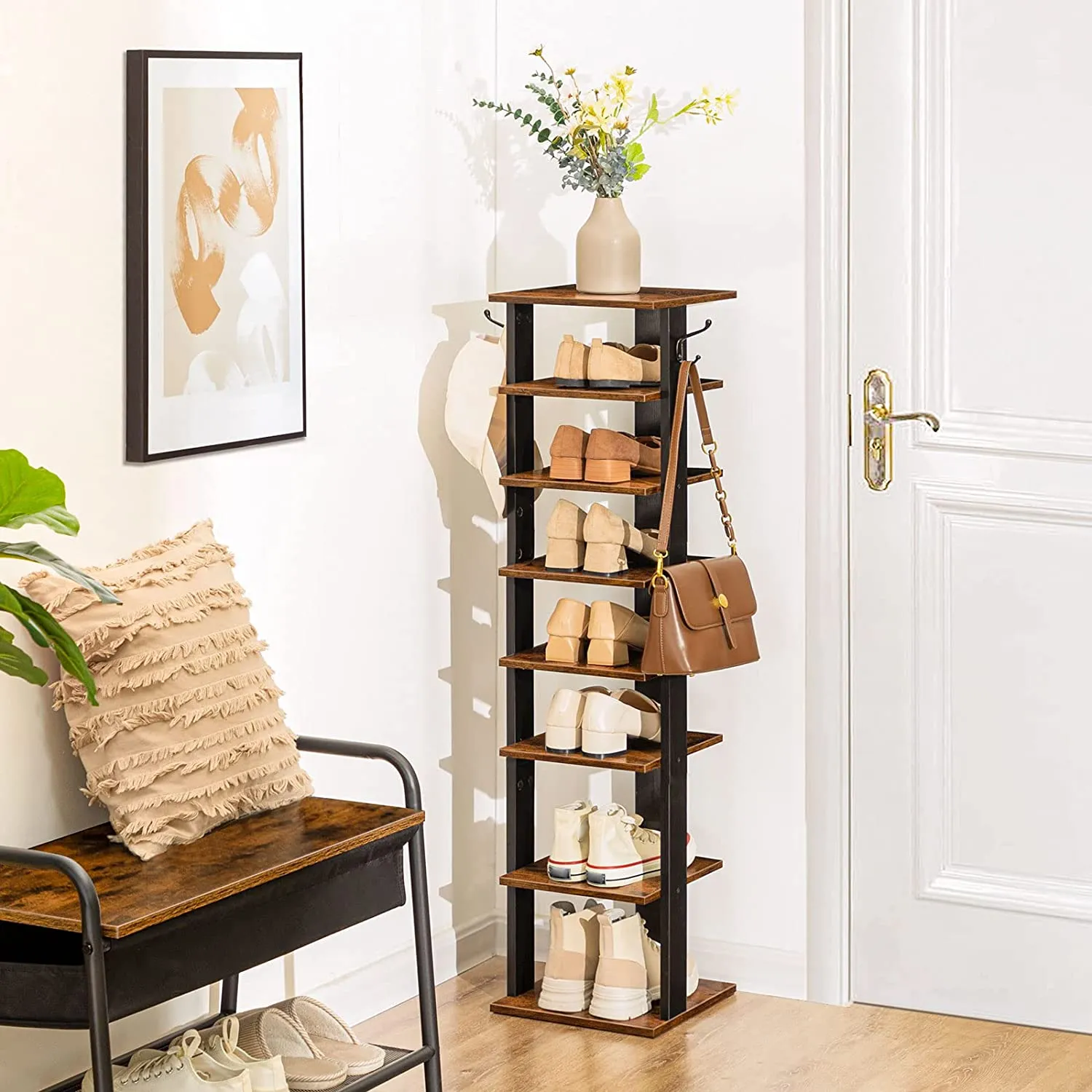 Shoe Rack, Vertical Shoe Rack, 8 Tier Shoe Storage Organizer with Hooks