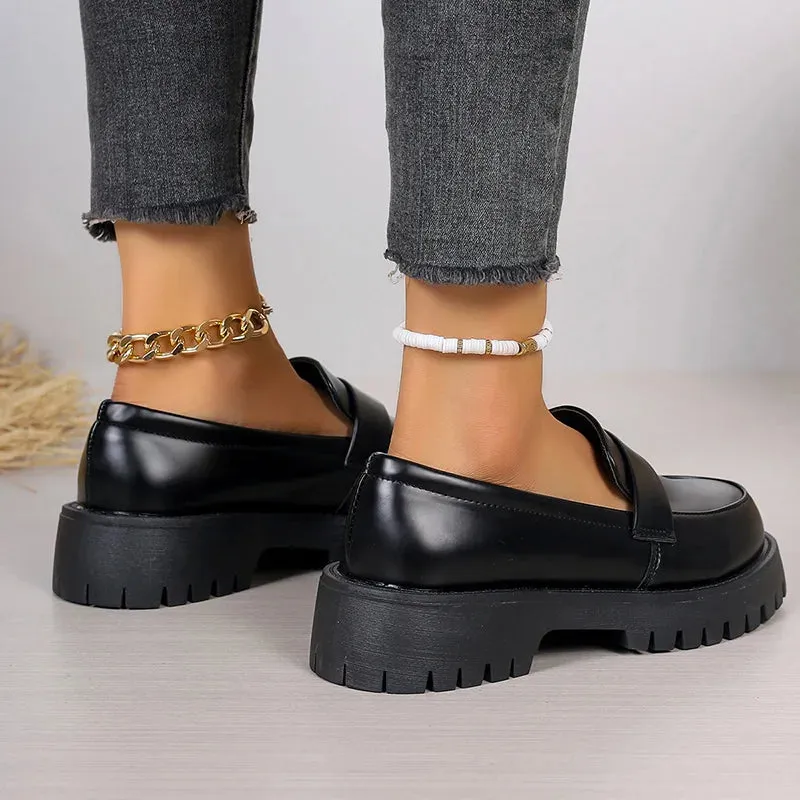Sohiwoo British Style Platform Loafers Women 2024 Plus Size Round Toe Single Shoes Woman Thick Bottom Pu Leather Shoes Mujer