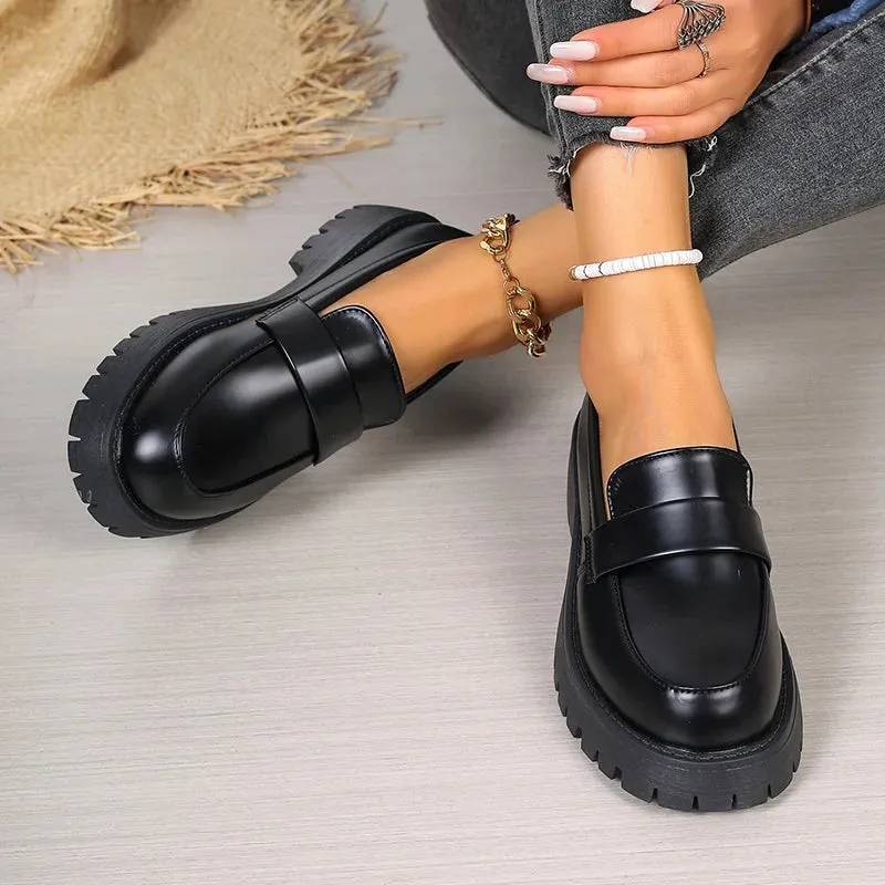 Sohiwoo British Style Platform Loafers Women 2024 Plus Size Round Toe Single Shoes Woman Thick Bottom Pu Leather Shoes Mujer