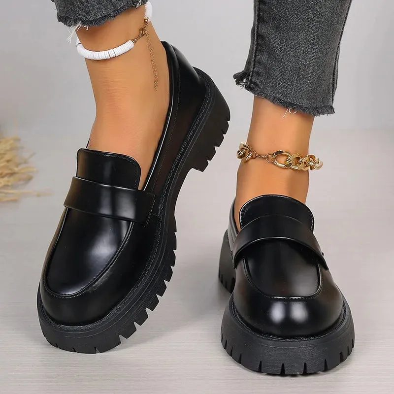 Sohiwoo British Style Platform Loafers Women 2024 Plus Size Round Toe Single Shoes Woman Thick Bottom Pu Leather Shoes Mujer