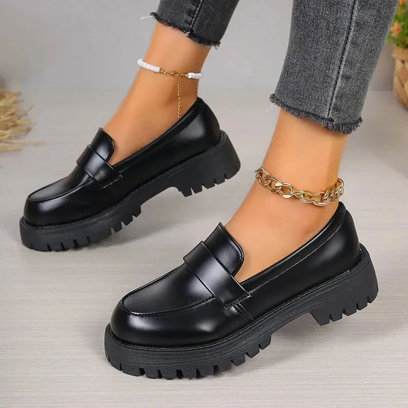 Sohiwoo British Style Platform Loafers Women 2024 Plus Size Round Toe Single Shoes Woman Thick Bottom Pu Leather Shoes Mujer