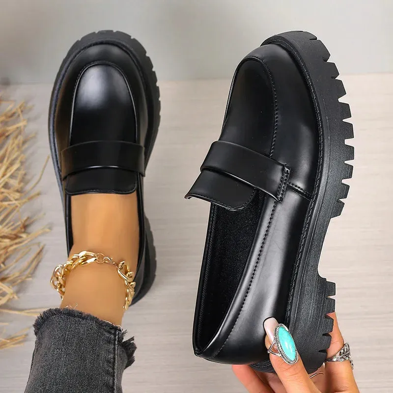 Sohiwoo British Style Platform Loafers Women 2024 Plus Size Round Toe Single Shoes Woman Thick Bottom Pu Leather Shoes Mujer