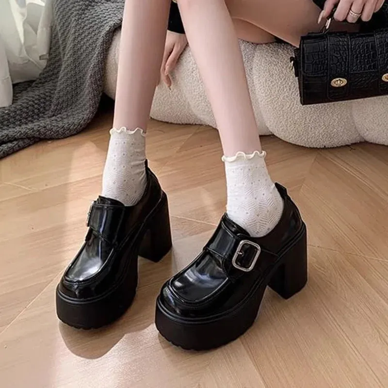 Sohiwoo Gothic Chunky High Heels Loafers for Woman 2024 Fashion Buckle Platform Pumps Woman Slip On Thick Heel Pu Leather Shoes