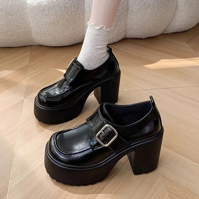 Sohiwoo Gothic Chunky High Heels Loafers for Woman 2024 Fashion Buckle Platform Pumps Woman Slip On Thick Heel Pu Leather Shoes
