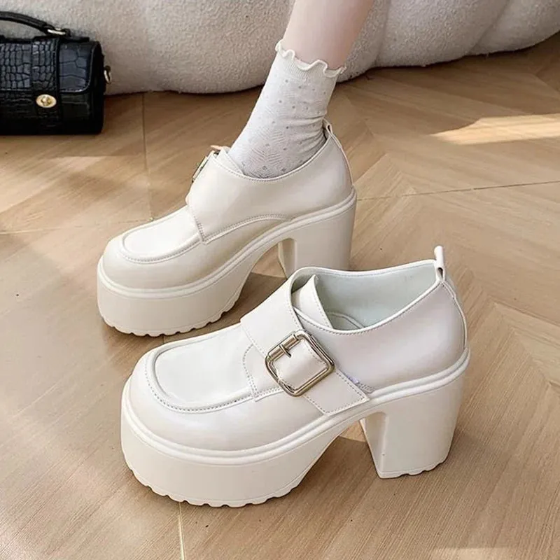 Sohiwoo Gothic Chunky High Heels Loafers for Woman 2024 Fashion Buckle Platform Pumps Woman Slip On Thick Heel Pu Leather Shoes