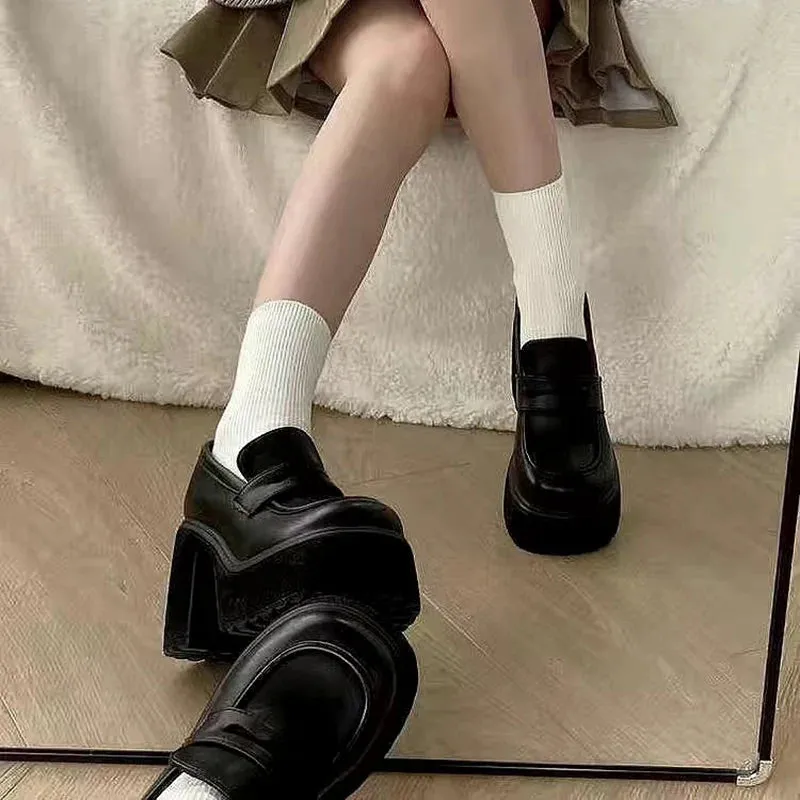 Sohiwoo Hot Sale High Heels Loafers Women Shoes Retro Chunky Heels Pumps Woman Uniform College Platform Mary Jane Shoes Ladies