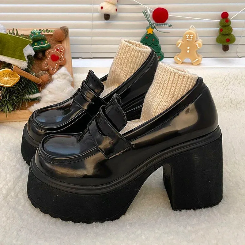 Sohiwoo Hot Sale High Heels Loafers Women Shoes Retro Chunky Heels Pumps Woman Uniform College Platform Mary Jane Shoes Ladies