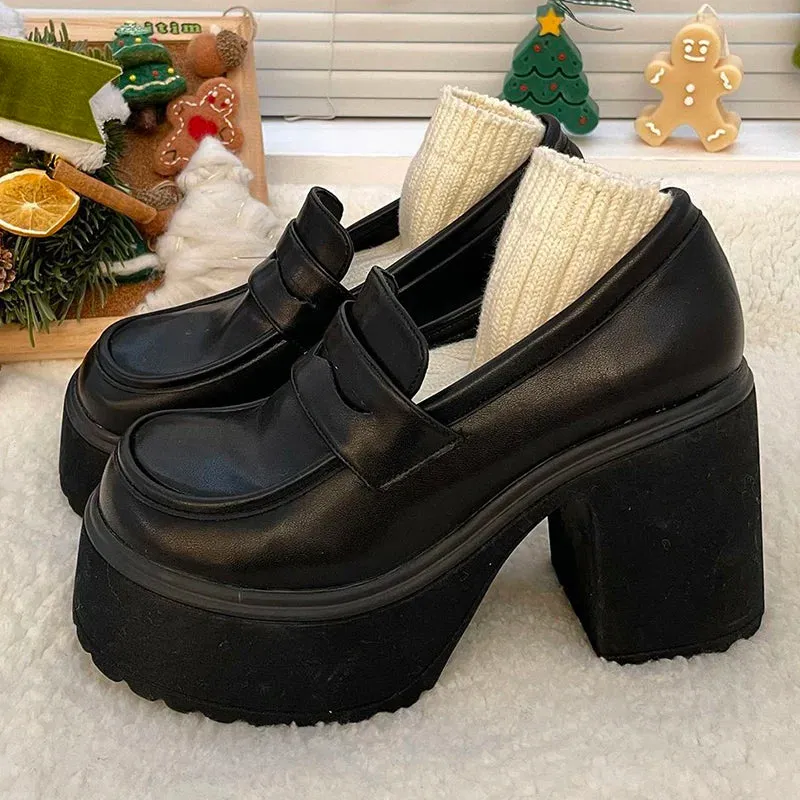 Sohiwoo Hot Sale High Heels Loafers Women Shoes Retro Chunky Heels Pumps Woman Uniform College Platform Mary Jane Shoes Ladies