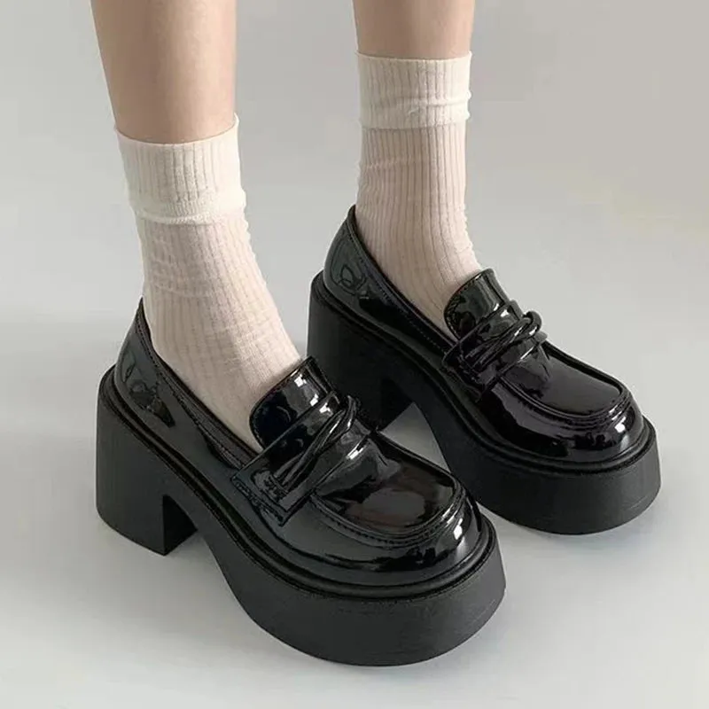 Sohiwoo Preppy Style Thick Heels Pumps for Women 2024 Patent Leather Chunky Platform Loafers Woman Y2K Slip On Jk Lolita Shoes