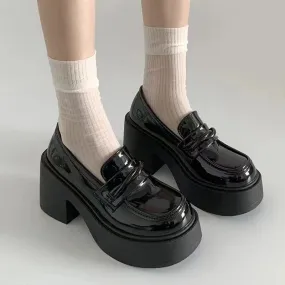 Sohiwoo Preppy Style Thick Heels Pumps for Women 2024 Patent Leather Chunky Platform Loafers Woman Y2K Slip On Jk Lolita Shoes