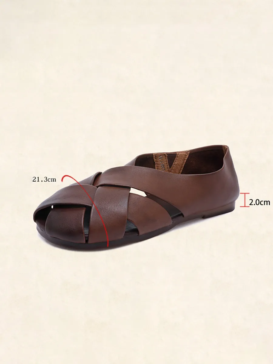 Spring Summer Solid Color Leather Round Toe Flat Shoes