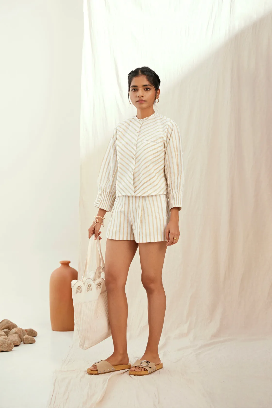 Stripe printed cotton shorts and top