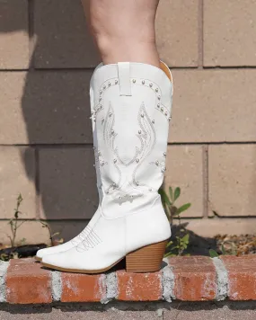White Pearl Embellished PU Tall Cowboy Boots