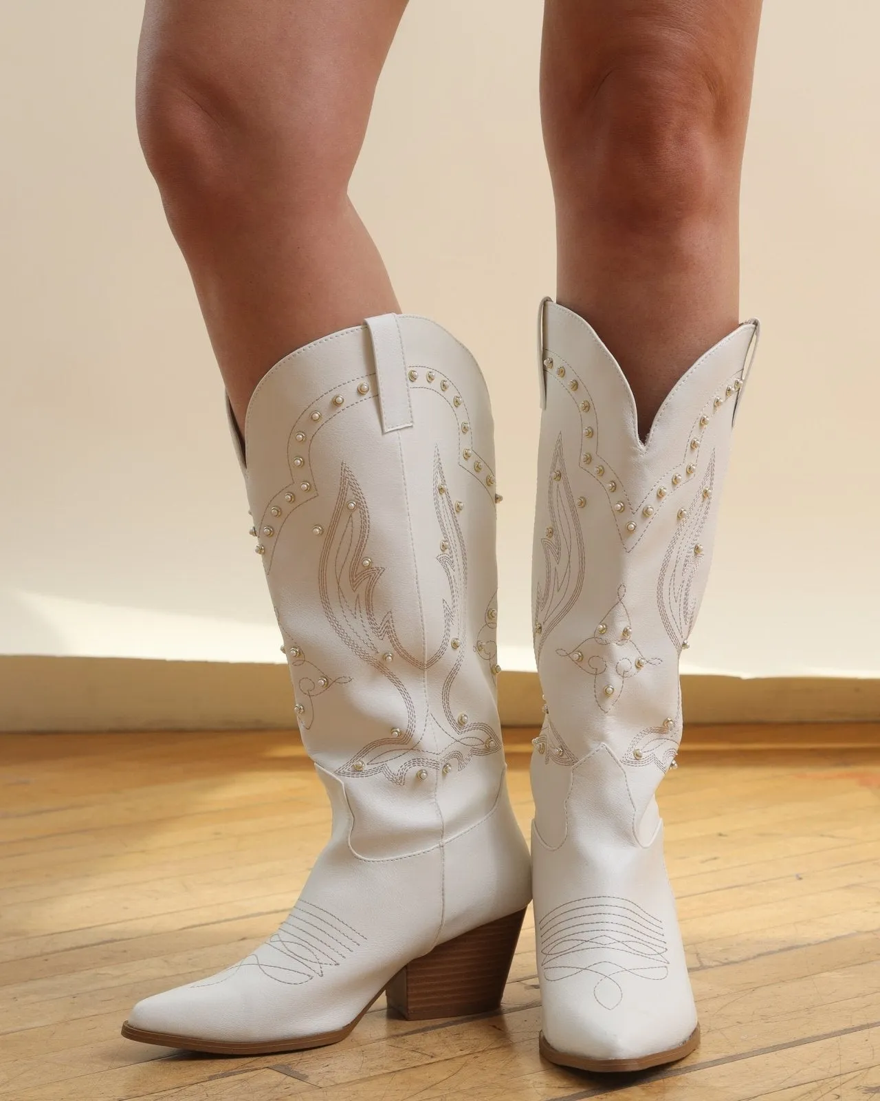 White Pearl Embellished PU Tall Cowboy Boots