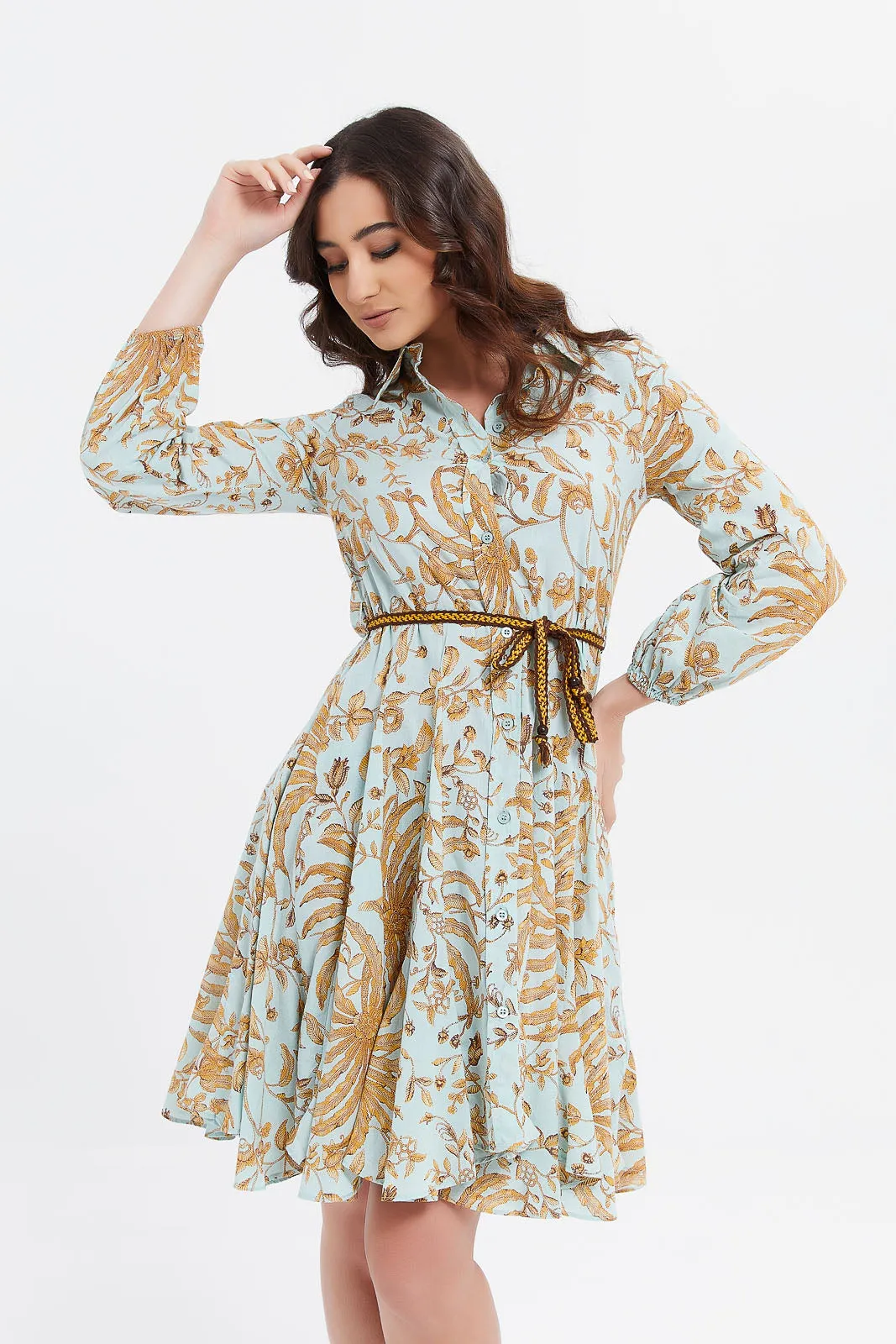 Women Blue Printed Shirt Dress