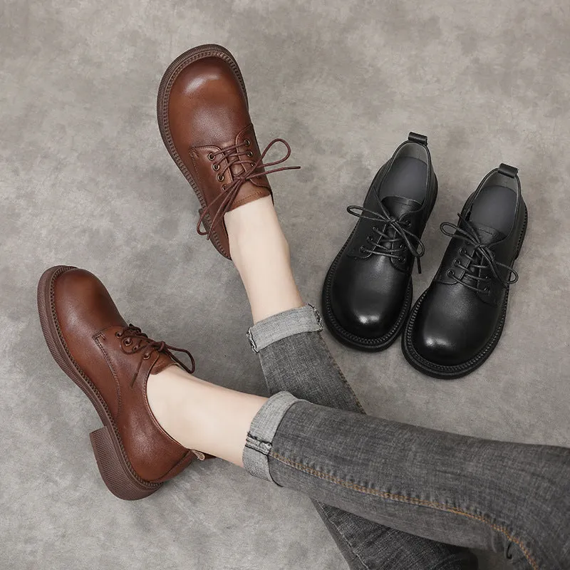 Women Flat Retro Genuine Leather Casual Loafers Lace-up Shoes