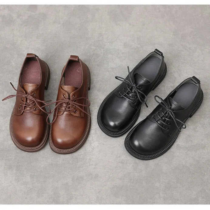 Women Flat Retro Genuine Leather Casual Loafers Lace-up Shoes