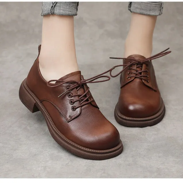 Women Flat Retro Genuine Leather Casual Loafers Lace-up Shoes