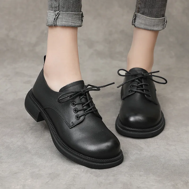 Women Flat Retro Genuine Leather Casual Loafers Lace-up Shoes