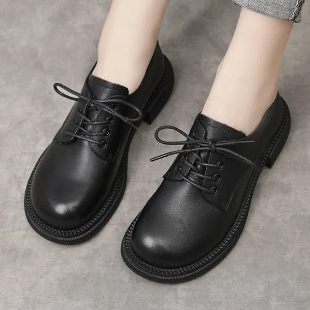 Women Flat Retro Genuine Leather Casual Loafers Lace-up Shoes