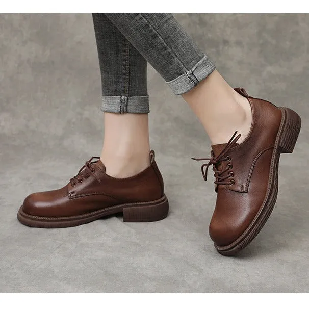 Women Flat Retro Genuine Leather Casual Loafers Lace-up Shoes