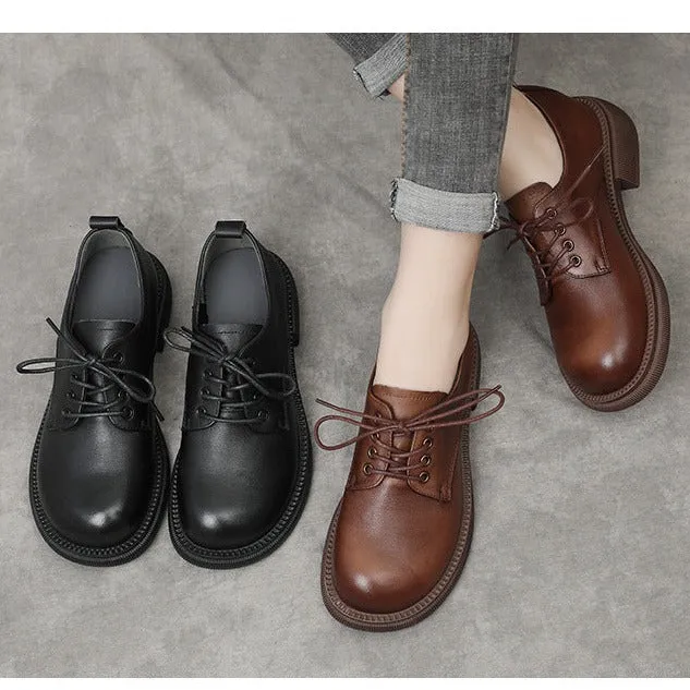 Women Flat Retro Genuine Leather Casual Loafers Lace-up Shoes