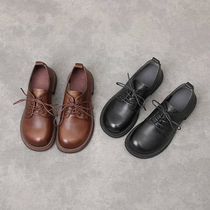Women Flat Retro Genuine Leather Casual Loafers Lace-up Shoes