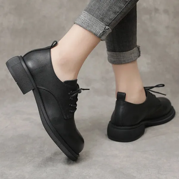 Women Flat Retro Genuine Leather Casual Loafers Lace-up Shoes