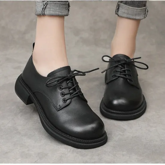 Women Flat Retro Genuine Leather Casual Loafers Lace-up Shoes