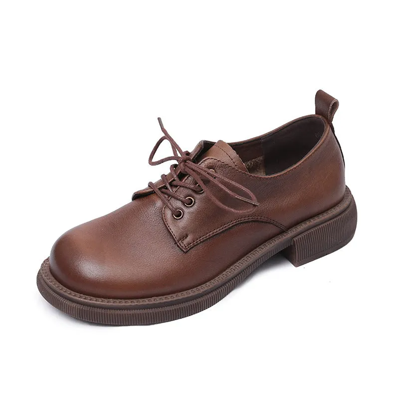 Women Flat Retro Genuine Leather Casual Loafers Lace-up Shoes