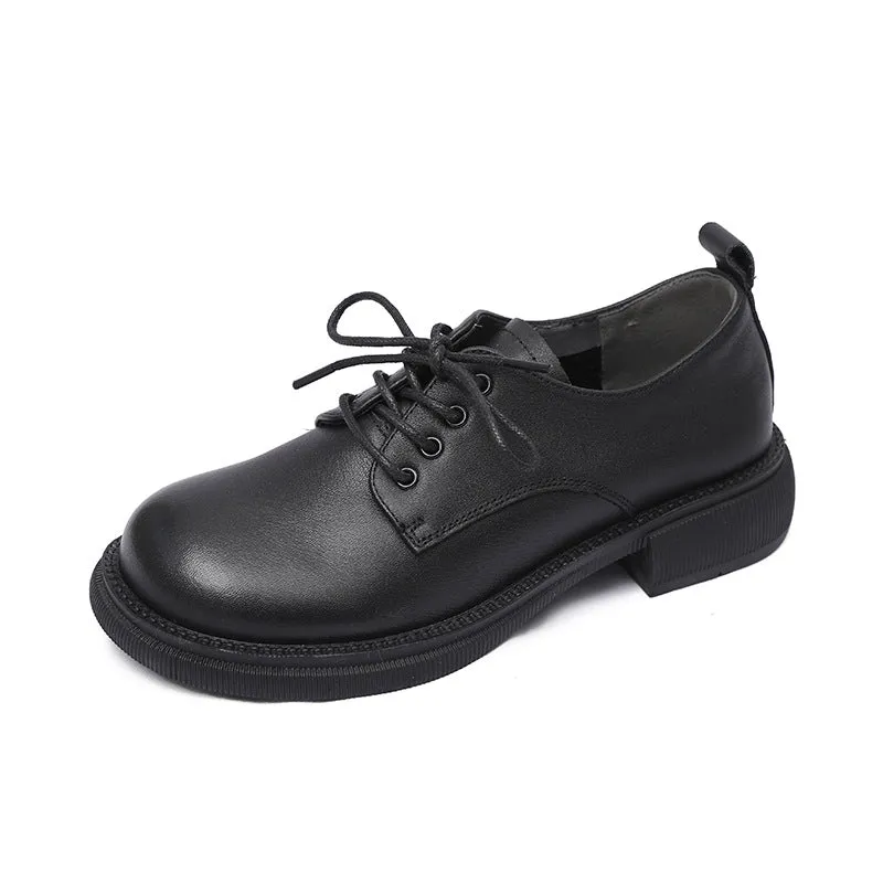 Women Flat Retro Genuine Leather Casual Loafers Lace-up Shoes