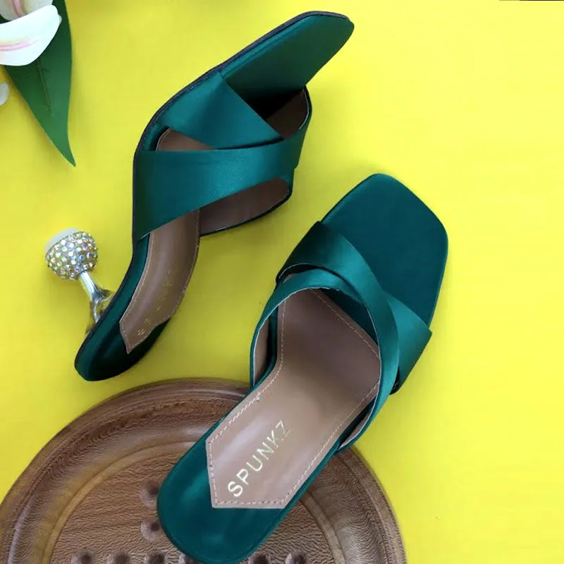 Women Satin Cross Strap Patent Leather Crystal Ball Heels