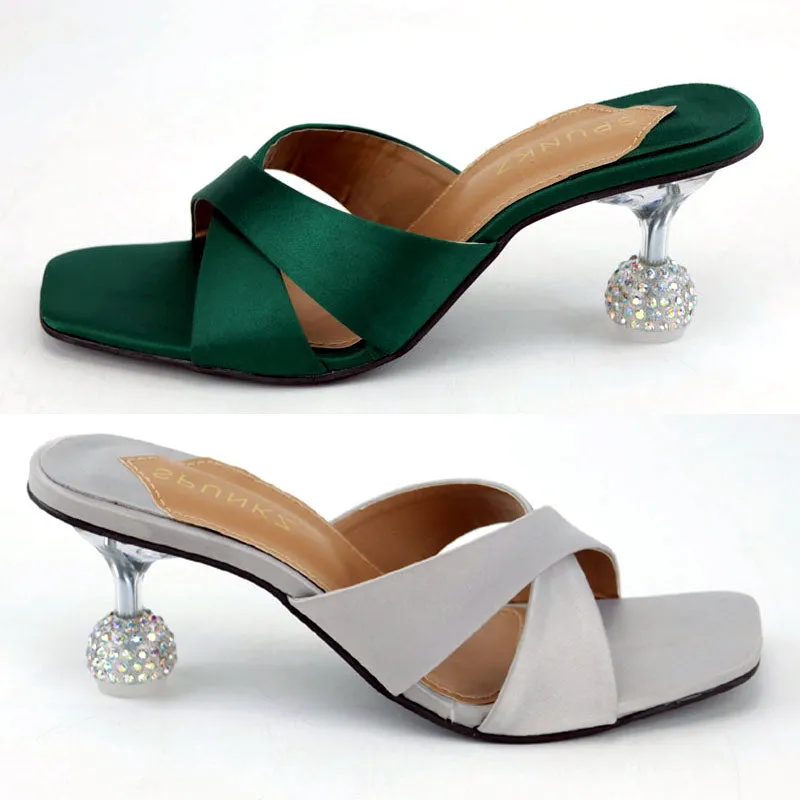 Women Satin Cross Strap Patent Leather Crystal Ball Heels