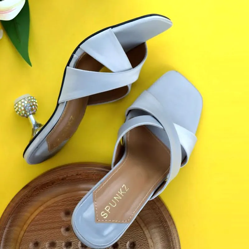 Women Satin Cross Strap Patent Leather Crystal Ball Heels