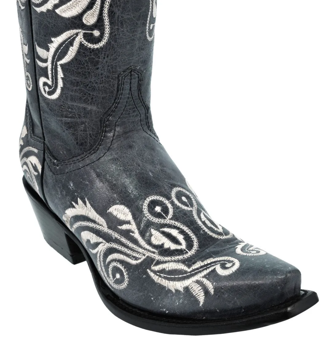 Womens Granada Denim Blue Boots Swan Embroidered - Snip Toe