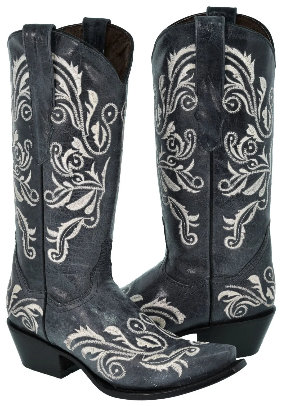 Womens Granada Denim Blue Boots Swan Embroidered - Snip Toe