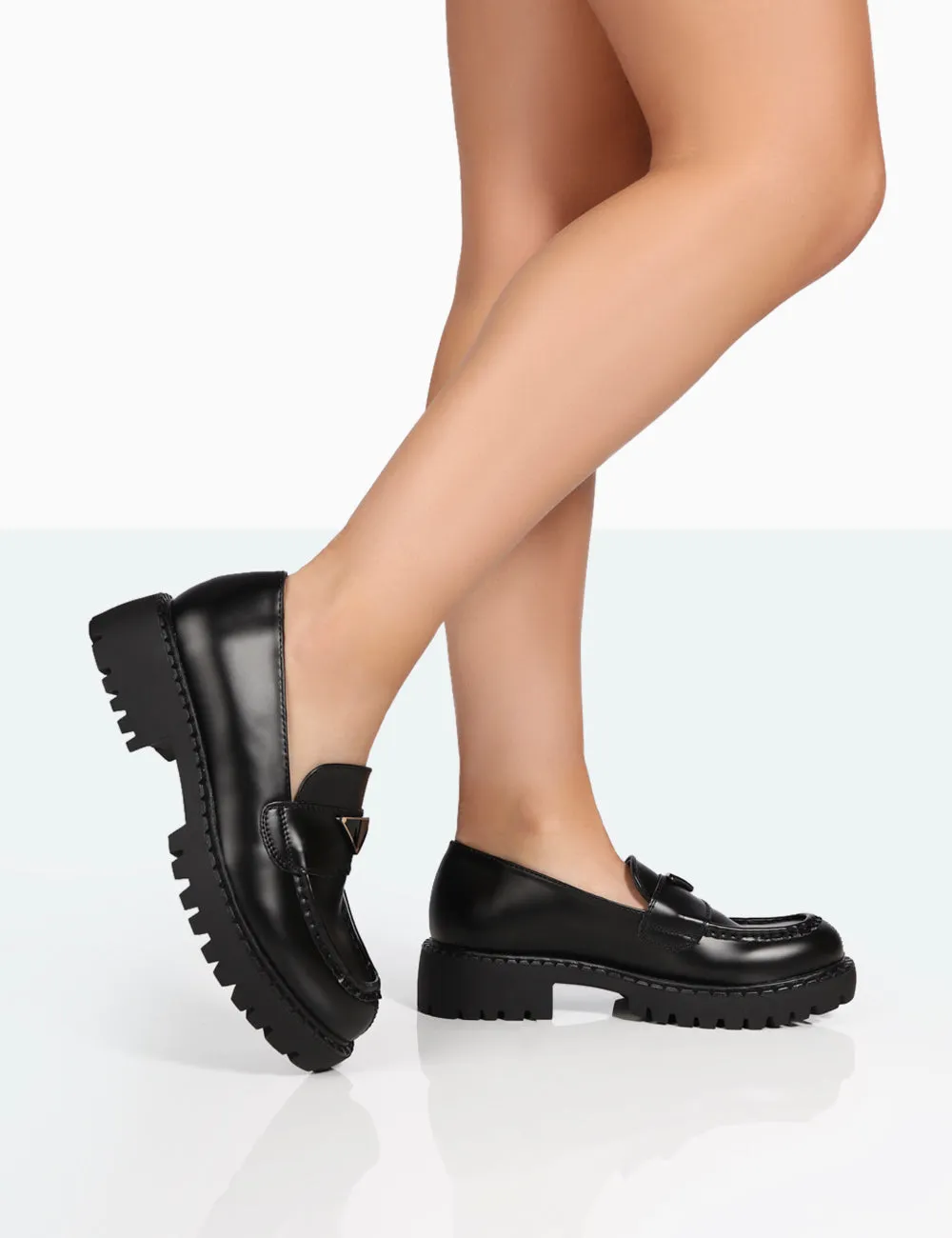 Ziggy Black PU Triangle Badge Chunky Sole Loafers